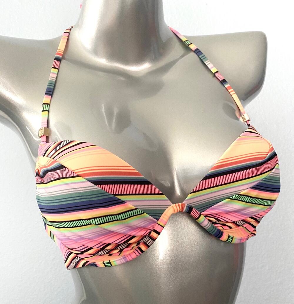 Victoria's Secret Nwt The Tease Halter Striped Lightly Lined Swim Bikini Top 32C